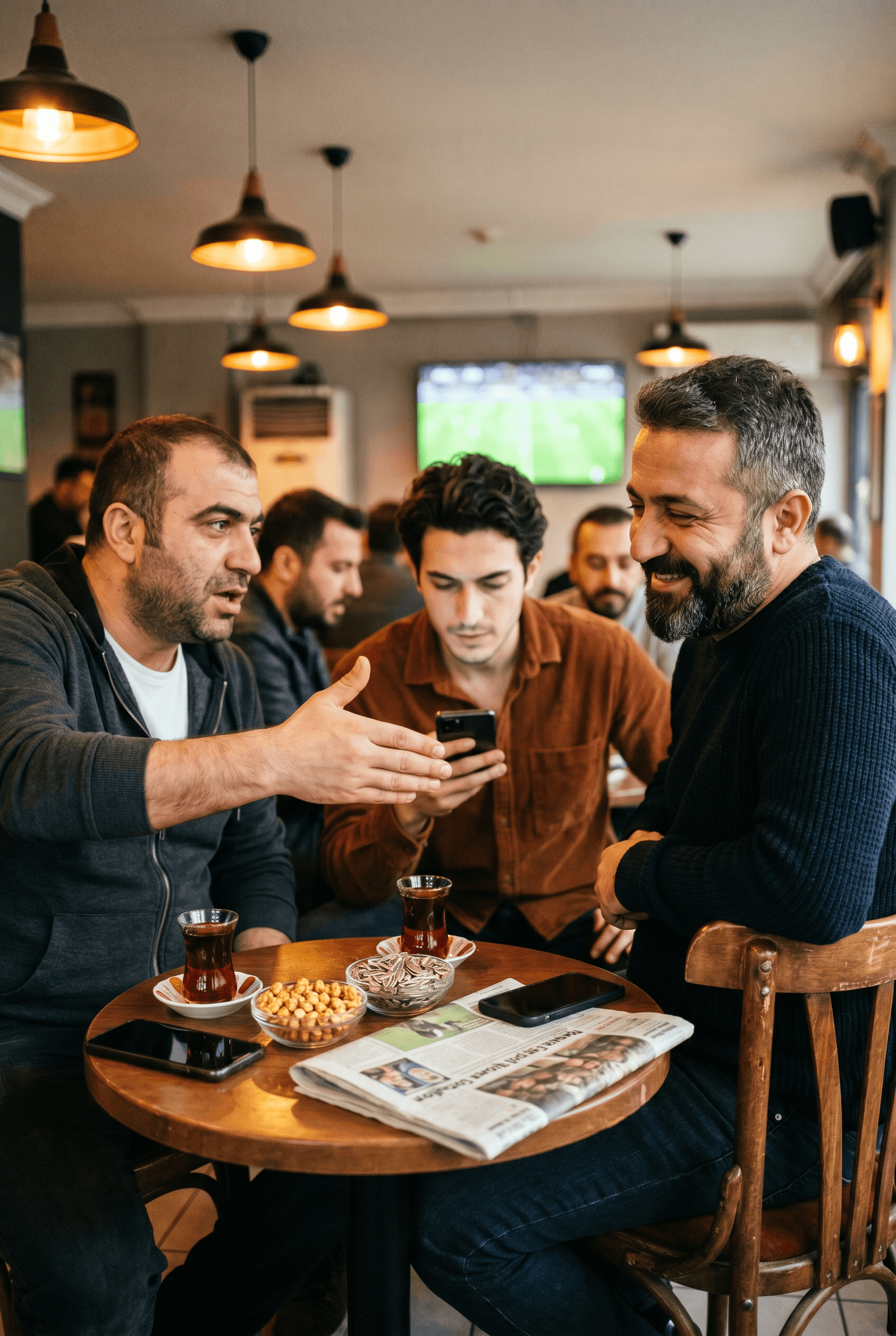 Çay eşliğinde futbol tahmini konuşan dostlar